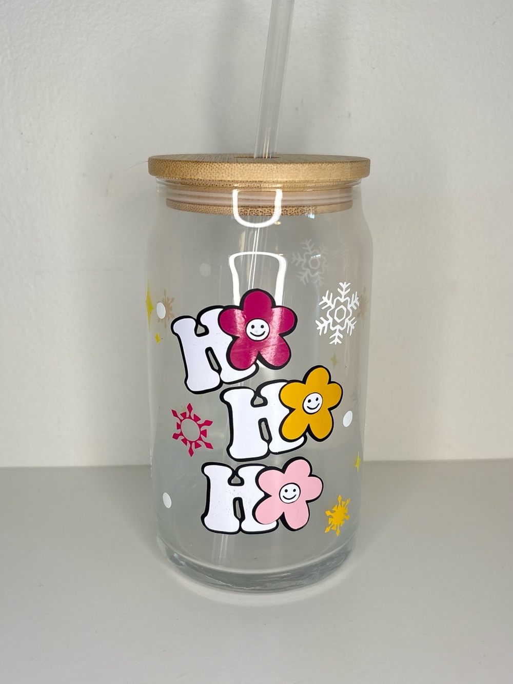 Boho Christmas iced coffee Glass Tumbler with Straw and Bamboo Lid